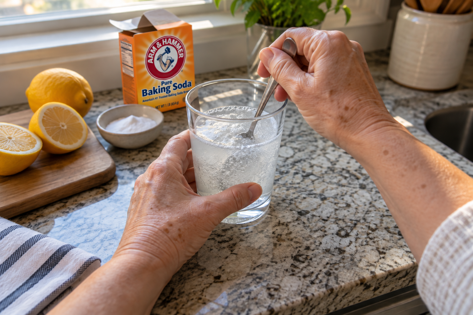 Older woman's hands adding baking soda to a fizzing glass, with lemon and an orange Arm & Hammer baking soda box on a kitchen counter.